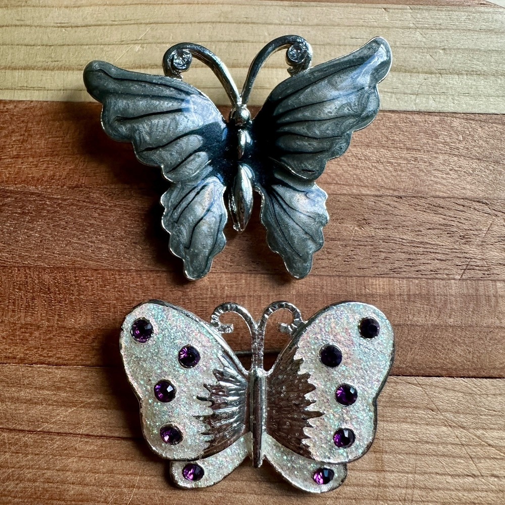 Vintage 2 Item Lot Brooch Pins Butterfly 1.5-2 Inch Enamel Purple Rhinestones
